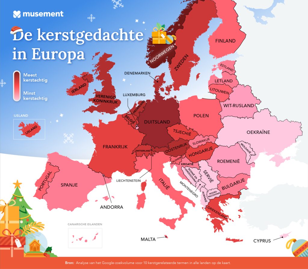kaart van Europa die de kerstsfeer in alle landen toont